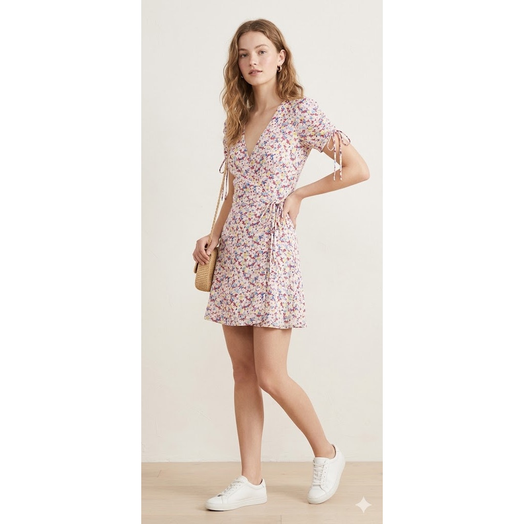Polo Ralph Lauren Ditsy Floral Mini Wrap Dress Womens 4 Ruched Sleeve Casual